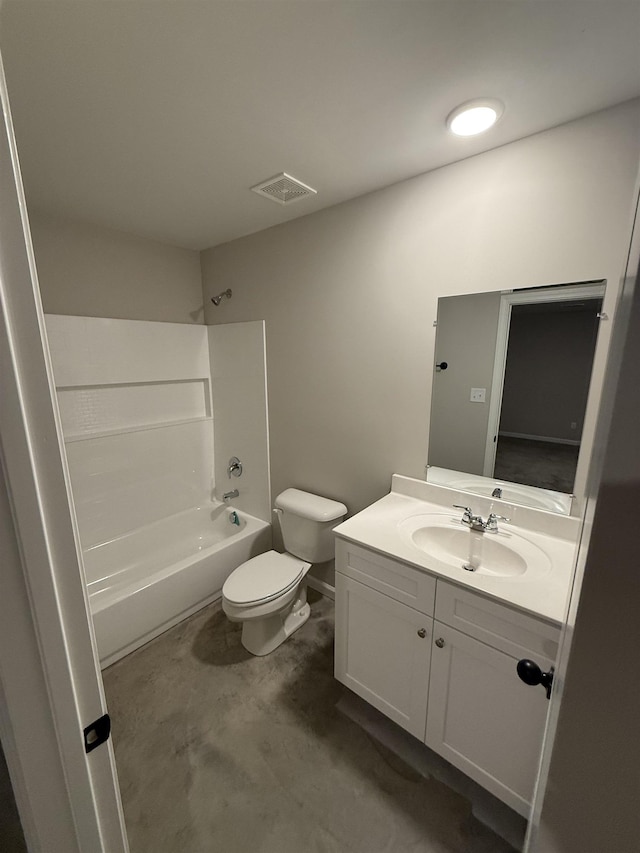 full bathroom featuring vanity, concrete flooring, bathtub / shower combination, and toilet