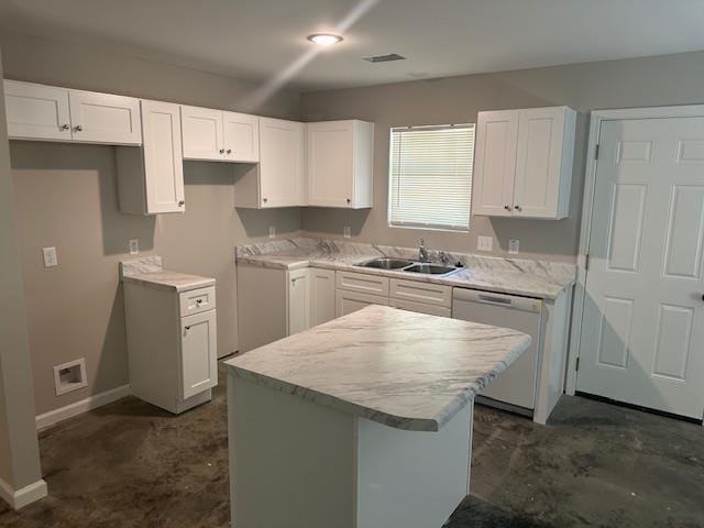 kitchen featuring white cabinets, dishwasher, sink, and a center island