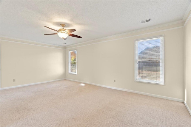 spare room with light carpet, ornamental molding, and a healthy amount of sunlight