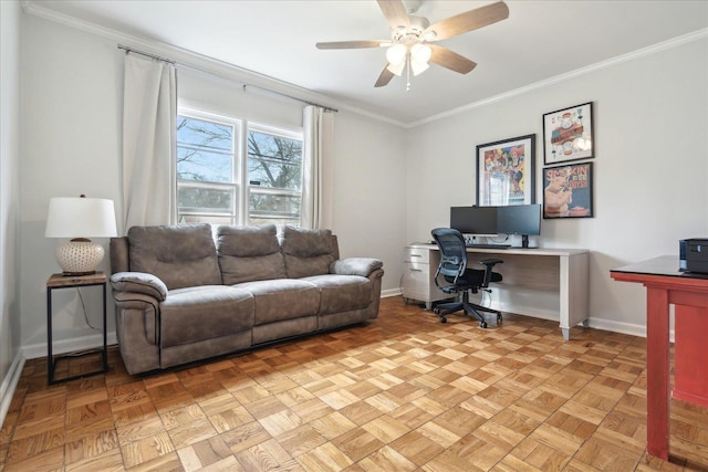 office space featuring ceiling fan, light parquet floors, and ornamental molding