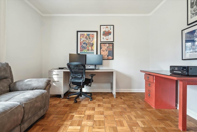 office area featuring ornamental molding and light parquet flooring