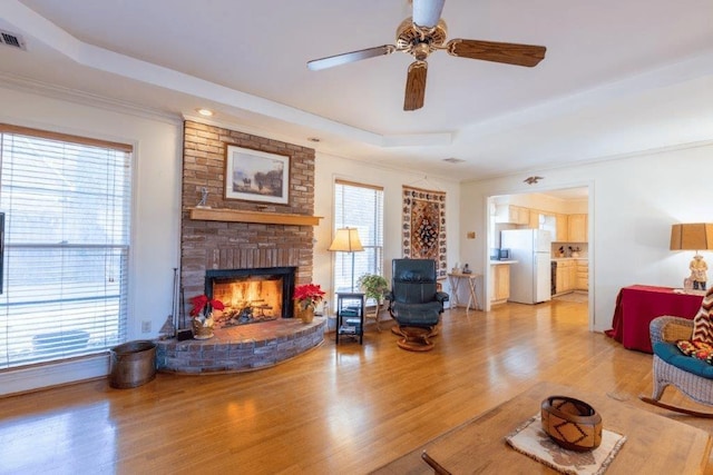 living room featuring a fireplace, plenty of natural light, a tray ceiling, and light hardwood / wood-style floors