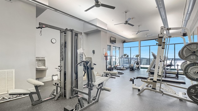 gym featuring ceiling fan and expansive windows