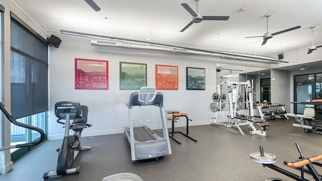 workout area with ceiling fan