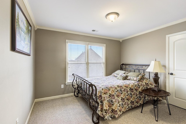 carpeted bedroom featuring ornamental molding