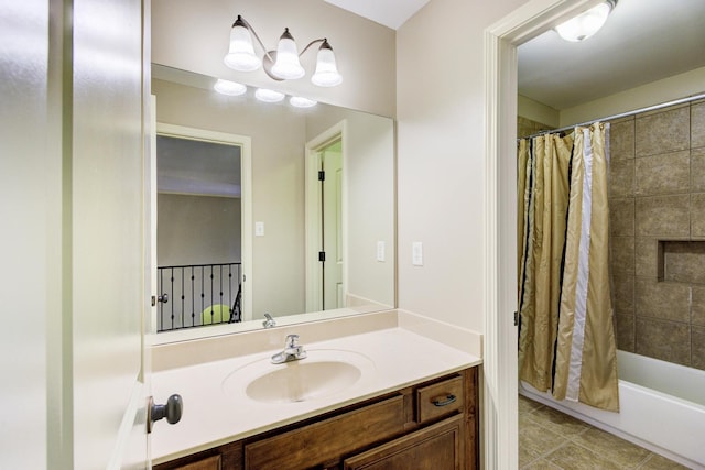 bathroom featuring shower / bath combination with curtain and vanity