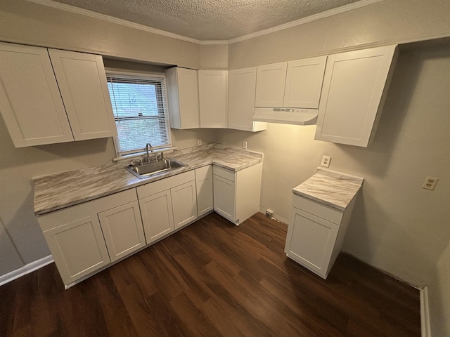 kitchen featuring a textured ceiling, white cabinets, dark hardwood / wood-style flooring, sink, and ornamental molding