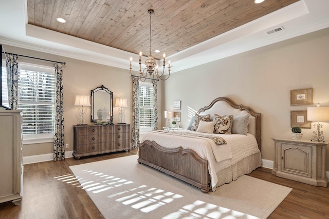 bedroom featuring wooden ceiling, hardwood / wood-style floors, a raised ceiling, and an inviting chandelier