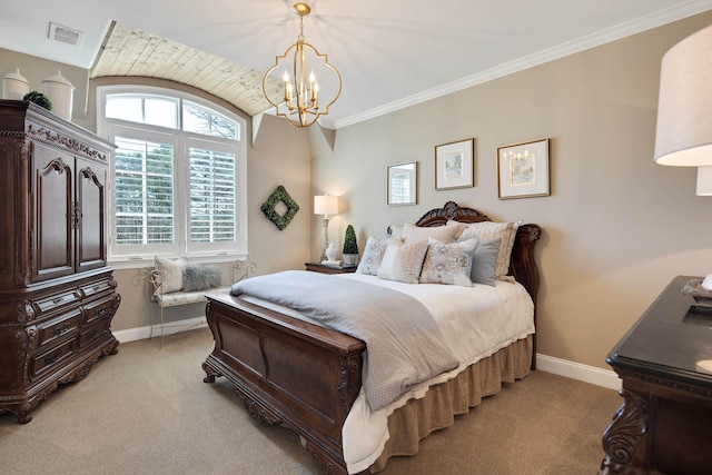 bedroom featuring light carpet, a notable chandelier, and ornamental molding