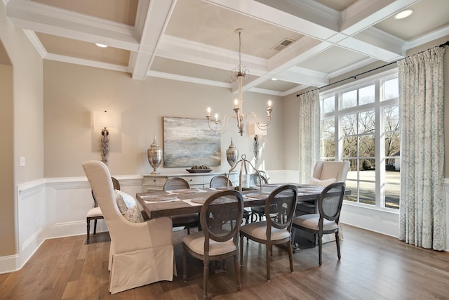 dining room with coffered ceiling, an inviting chandelier, beamed ceiling, and ornamental molding