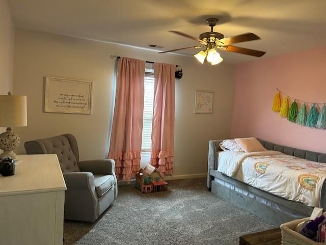 carpeted bedroom featuring ceiling fan