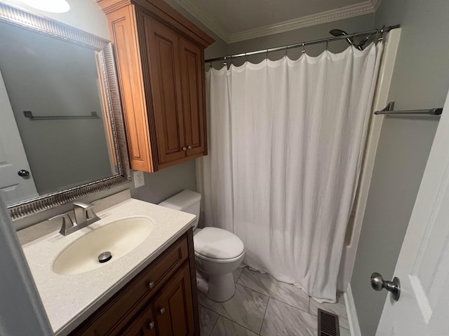 bathroom featuring vanity, walk in shower, and ornamental molding