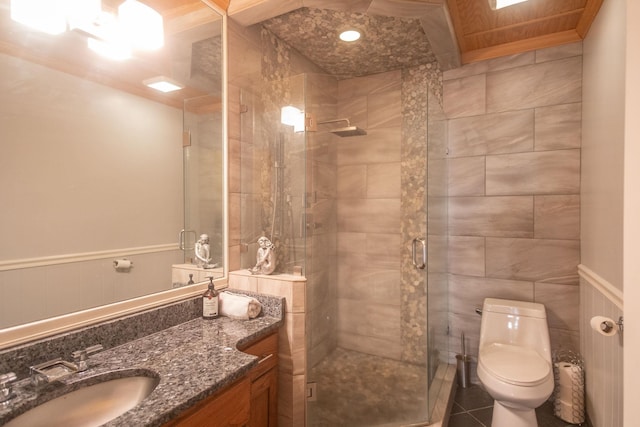 bathroom with vanity, toilet, wooden ceiling, and an enclosed shower