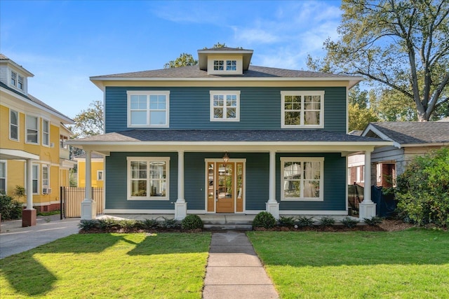 view of front of property featuring a porch and a front lawn