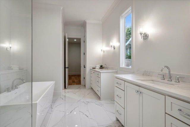 bathroom with a tub, vanity, and crown molding