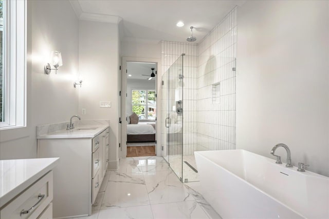 bathroom featuring vanity, ceiling fan, independent shower and bath, and ornamental molding