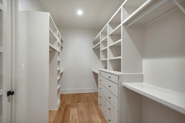 walk in closet with light wood-type flooring