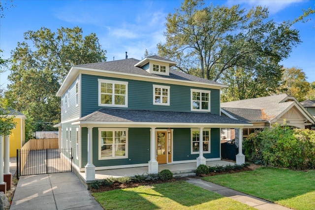 view of front of home with a porch and a front lawn