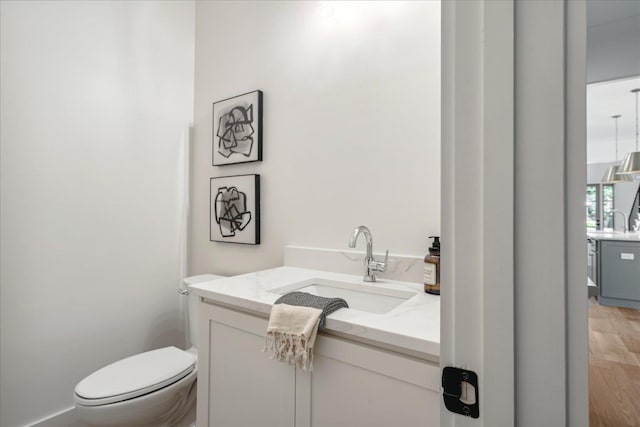 bathroom featuring hardwood / wood-style flooring, toilet, and vanity