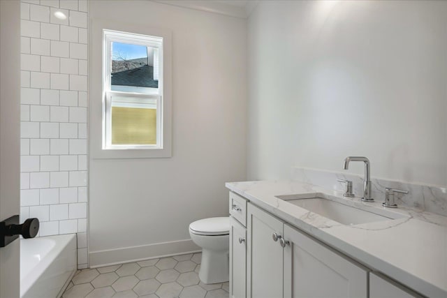 full bathroom featuring shower / tub combination, toilet, vanity, and tile patterned flooring