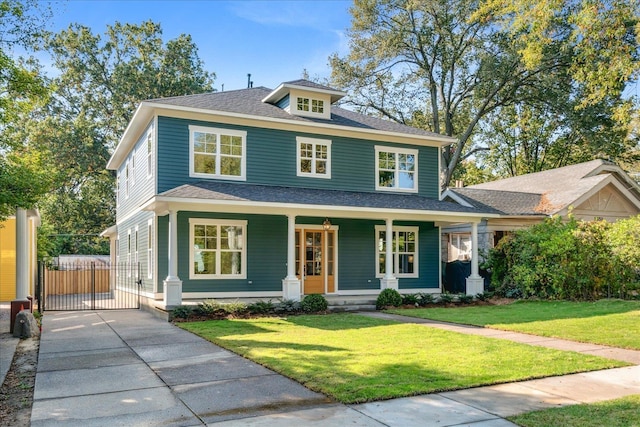 view of front of property featuring covered porch and a front yard