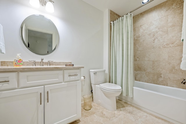 full bathroom featuring toilet, shower / bathtub combination with curtain, and vanity