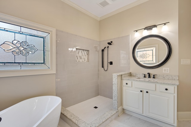 bathroom with ornamental molding, plus walk in shower, and vanity