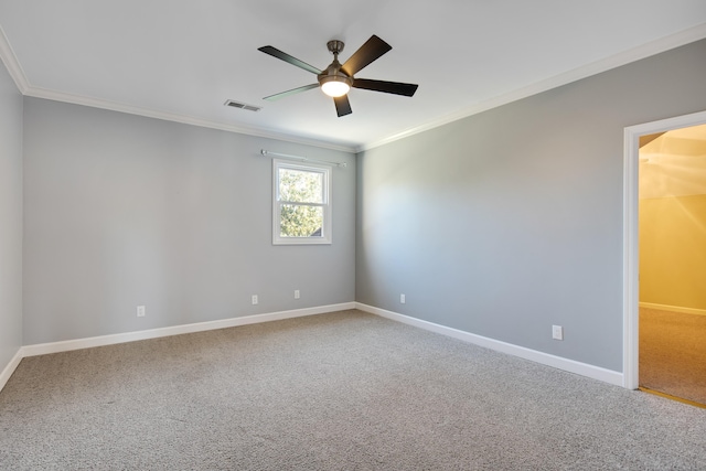 unfurnished room with ceiling fan, carpet, and ornamental molding