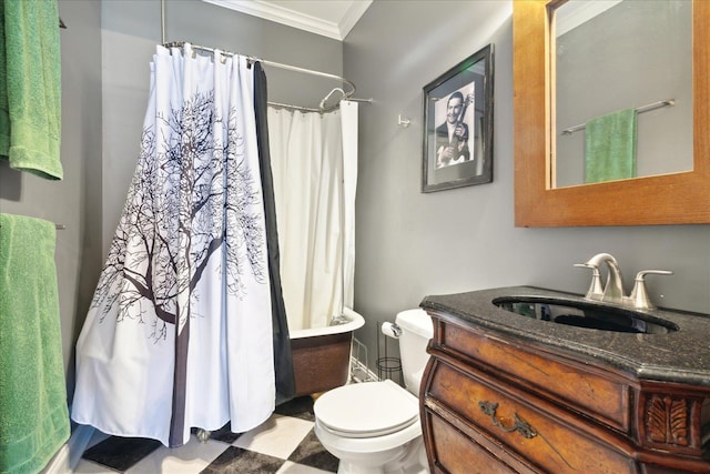 full bathroom with toilet, vanity, crown molding, and shower / bathtub combination with curtain