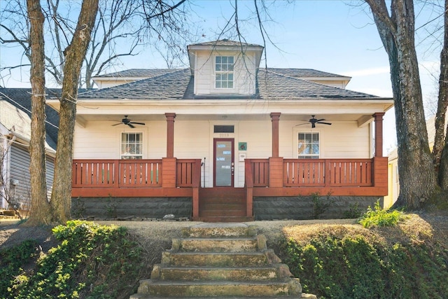 bungalow featuring covered porch and ceiling fan