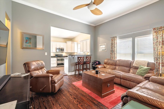 living room with ceiling fan, beverage cooler, dark hardwood / wood-style floors, and ornamental molding