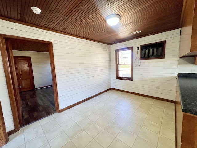 empty room featuring wood ceiling and wooden walls