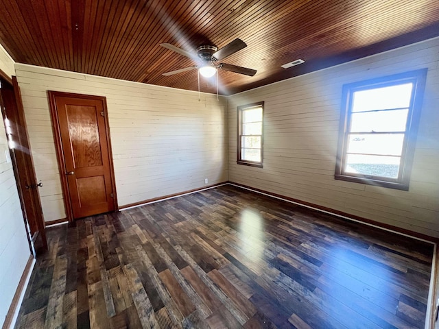 empty room featuring wooden ceiling, dark wood-type flooring, wooden walls, and plenty of natural light