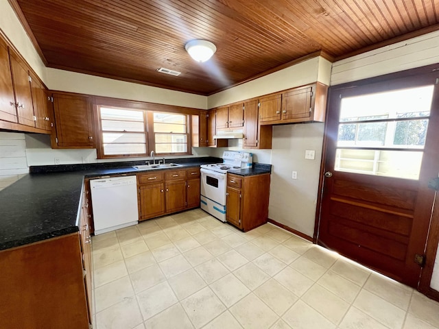 kitchen featuring sink, white appliances, wood ceiling, and a healthy amount of sunlight