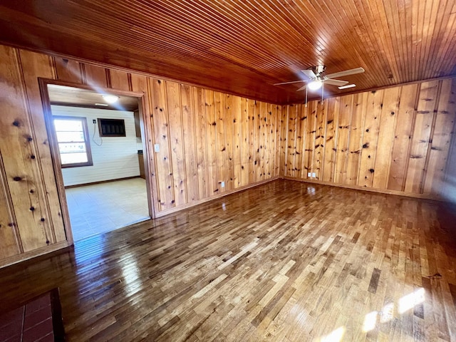 spare room featuring ceiling fan, wood-type flooring, wood walls, and wood ceiling