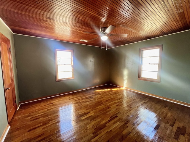 spare room featuring ceiling fan, hardwood / wood-style floors, ornamental molding, and wood ceiling