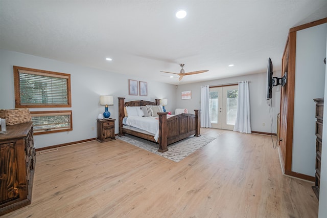 bedroom featuring ceiling fan, access to exterior, french doors, and light wood-type flooring