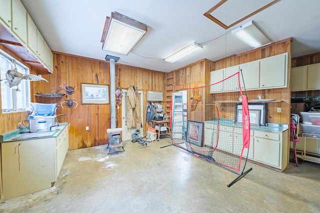 basement featuring wooden walls