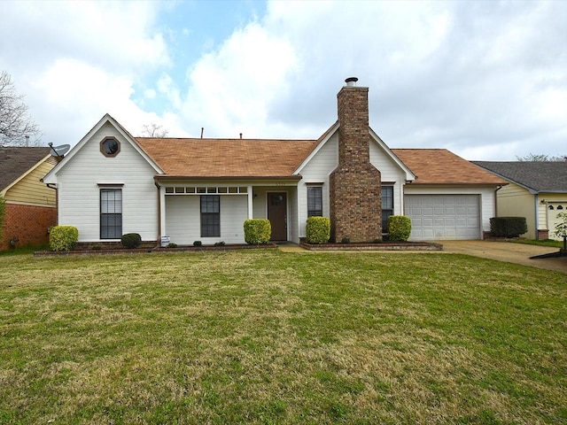 single story home with a front yard and a garage