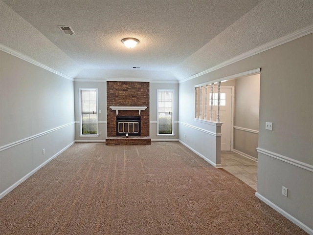 unfurnished living room featuring ornamental molding, light carpet, and lofted ceiling