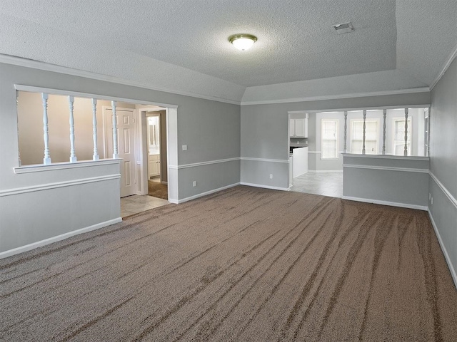 spare room with light carpet, a textured ceiling, lofted ceiling, and crown molding