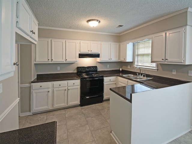 kitchen with range hood, light tile patterned floors, sink, black range with electric stovetop, and white cabinets