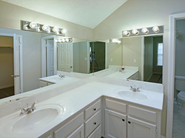 bathroom with a textured ceiling, toilet, vanity, and vaulted ceiling