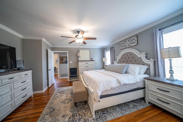 bedroom with ceiling fan, crown molding, and dark hardwood / wood-style floors