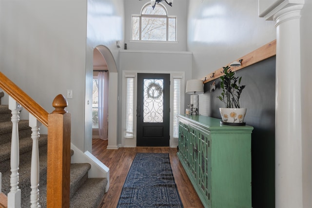 foyer with dark hardwood / wood-style floors and a high ceiling