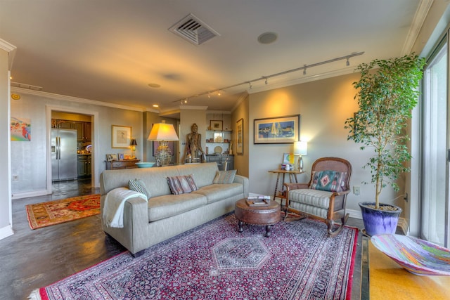 living room featuring rail lighting and ornamental molding