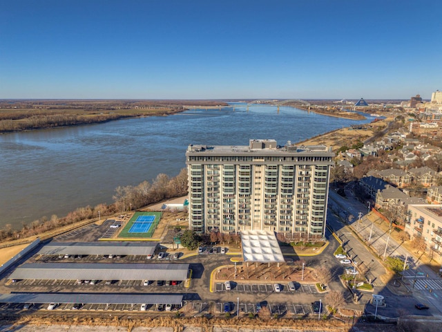 drone / aerial view with a water view