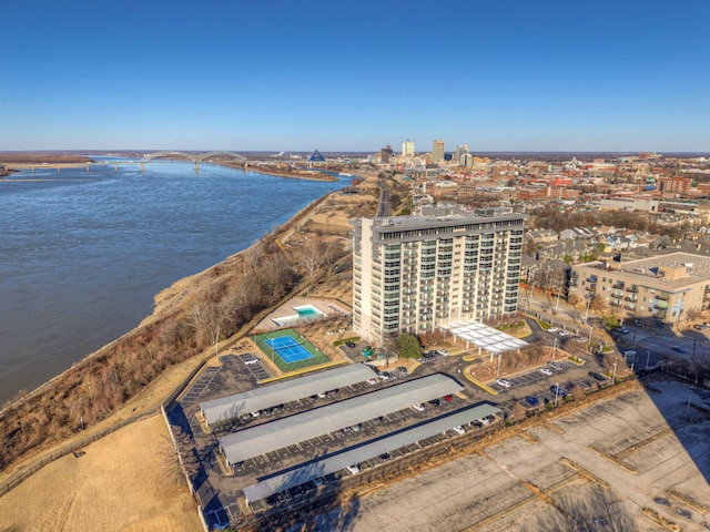 aerial view featuring a water view