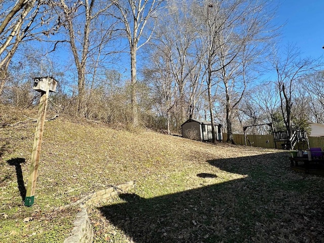 view of yard featuring a storage shed