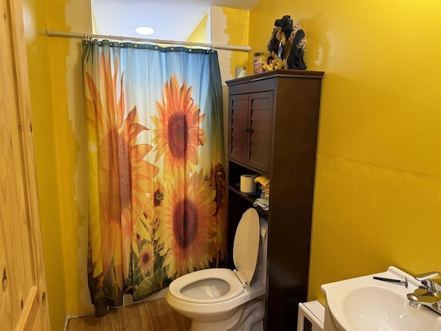 bathroom featuring sink, hardwood / wood-style floors, toilet, and a shower with shower curtain